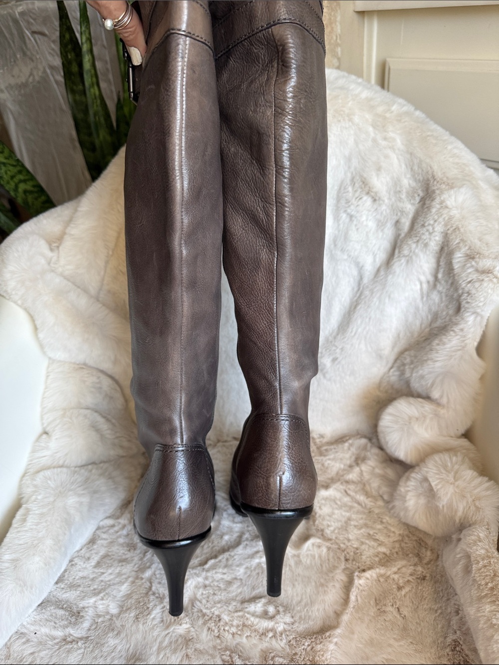 Via Spiga full Leather Tall Lace-Front Buckle Boots in Brown Taupe - Picture 6 of 15